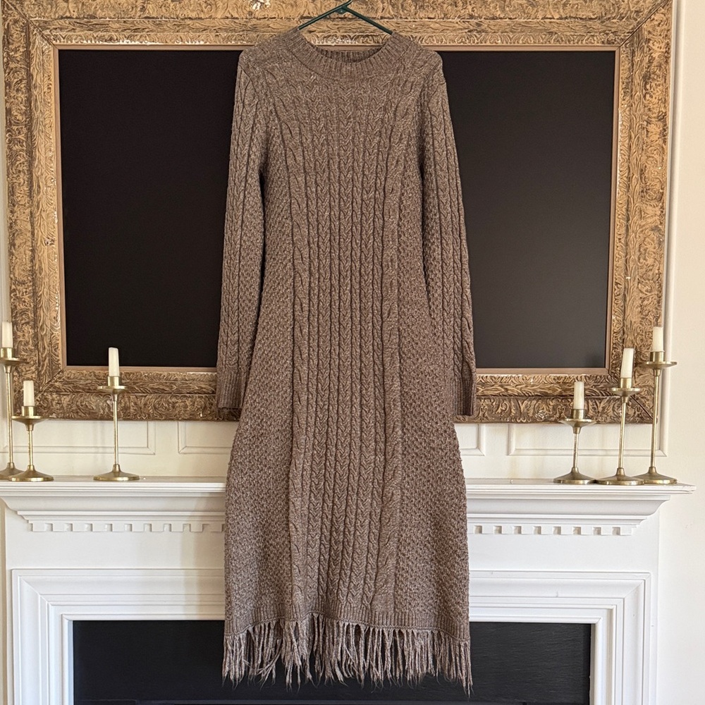 Moon River Taupe Cable-Knit Fringe Midi Dress